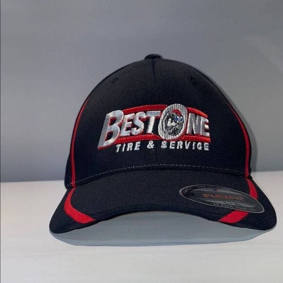 Sport-Tek Black and Red Baseball Hat with Logo - Picture 1 of 11